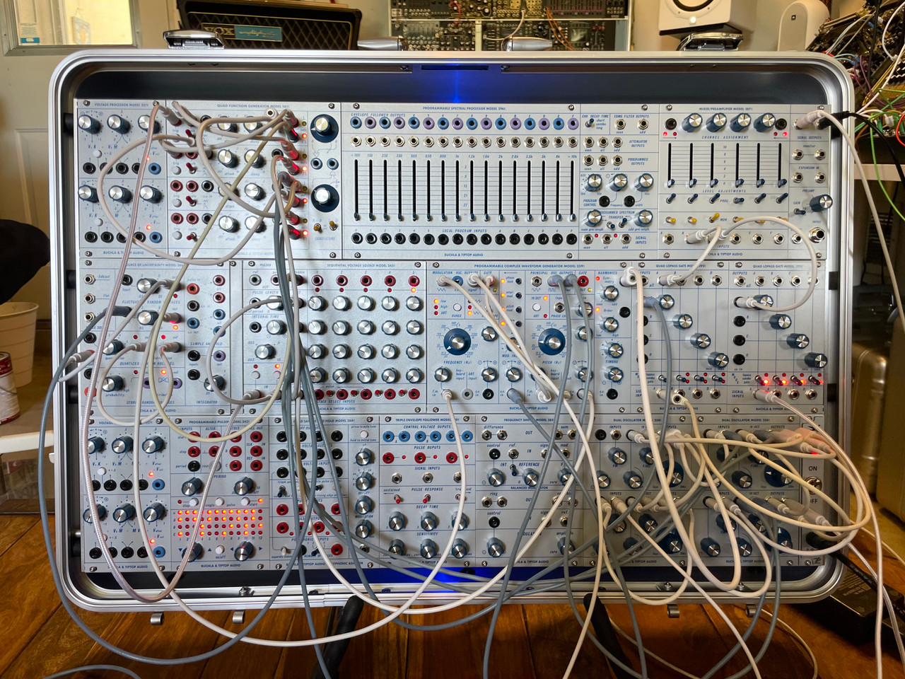 Buchla Tiptop 200t series with BPNYC ZERO Halliburton Eurorack Modular Travel Case NOS SILVER 122hp 9U